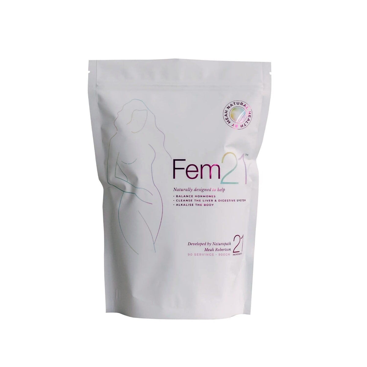 Fem21 bottle front with herbal blend for daily wellness.