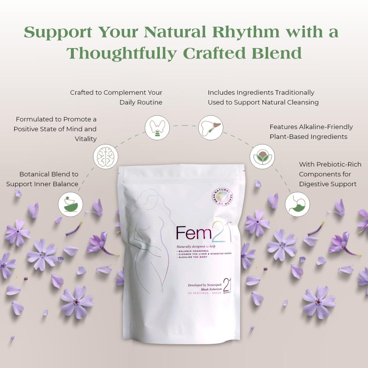 Close-up of Fem21 ingredients featuring 21 superfoods.