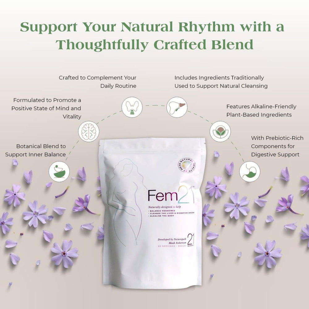 Close-up of Fem21 ingredients featuring 21 superfoods.