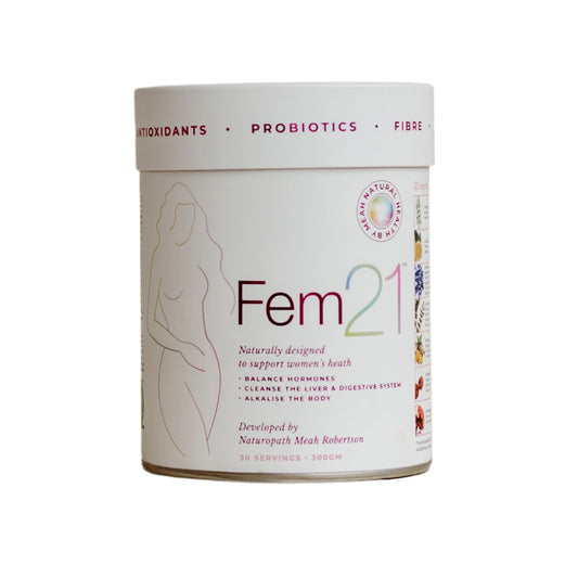 Fem21 bottle showing the 21-herb blend for daily vitality
