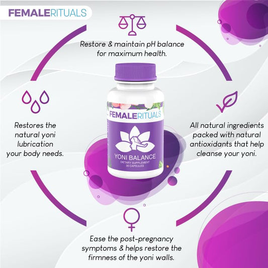 Close-up of Female Rituals Yoni Balance pills showing natural herbal capsules for balance.