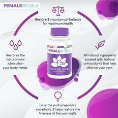 Close-up of Female Rituals Yoni Balance pills showing natural herbal capsules for balance.