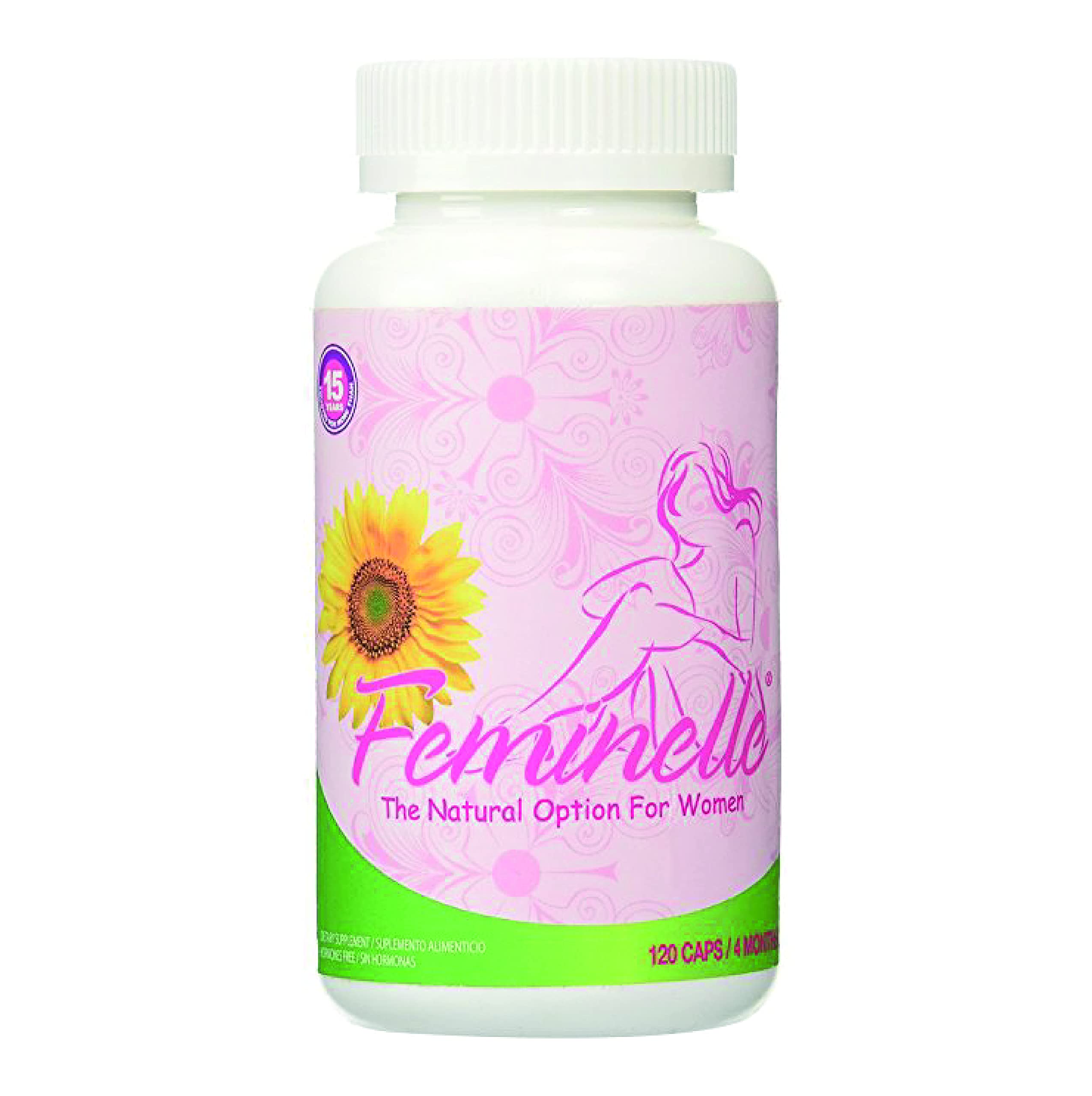 Feminelle menopause bottle close-up showing easy-to-swallow capsules for daily use