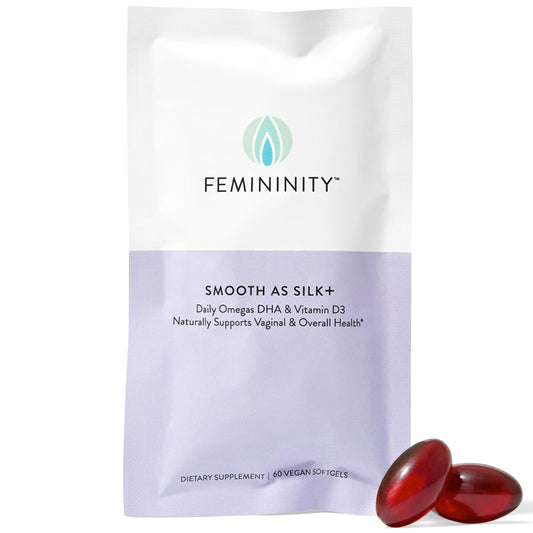 Femininity Smooth as Silk+ bottle front shows elegant packaging for daily moisture support.