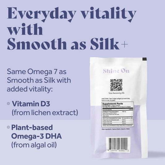 Femininity Smooth as Silk+ softgels close-up for easy daily use.