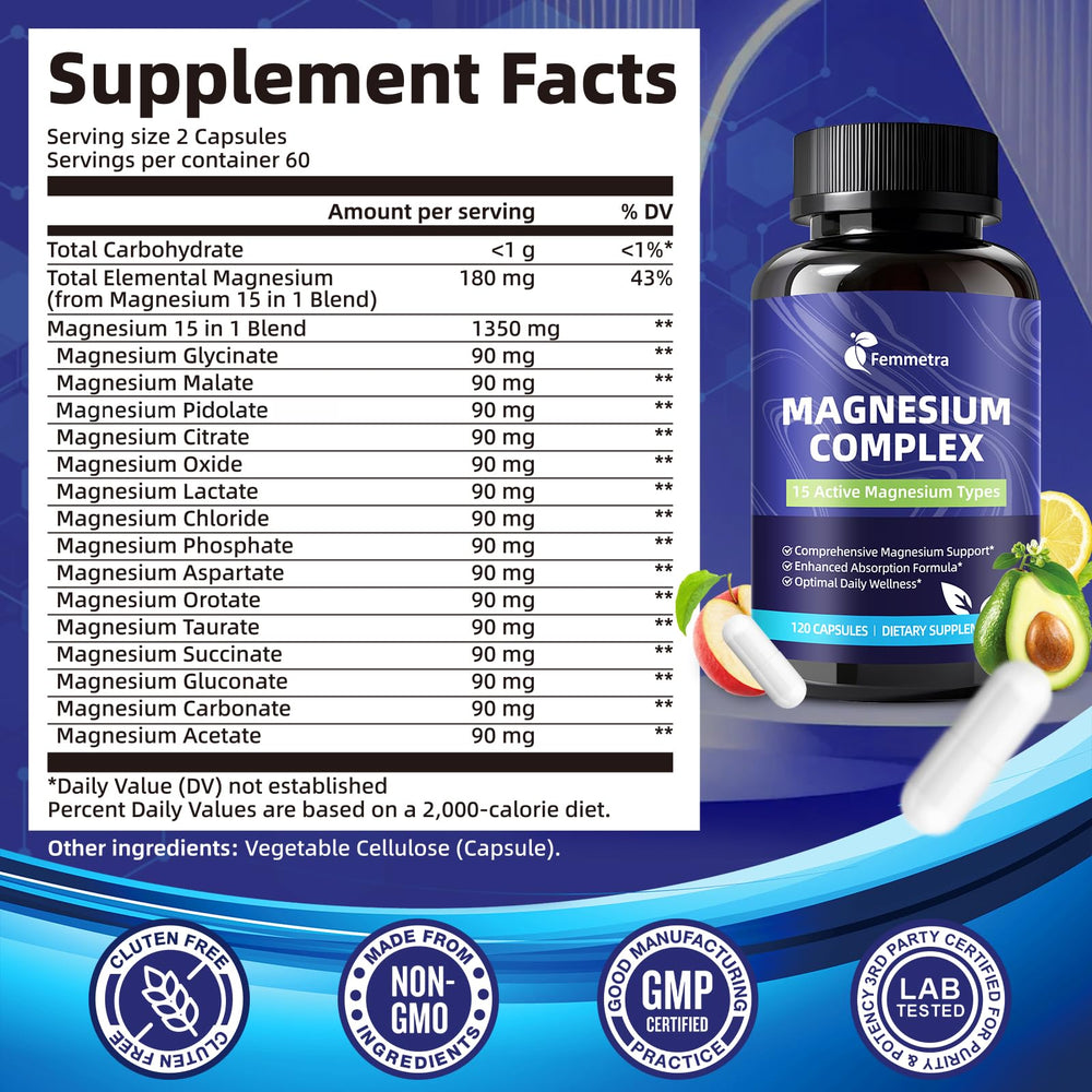 Close-up of Femmetra Magnesium Complex capsules highlighting vegan formula.