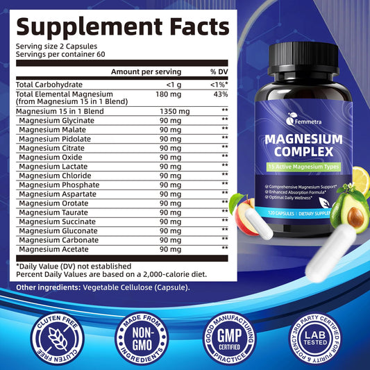 Close-up of Femmetra Magnesium Complex capsules highlighting vegan formula.