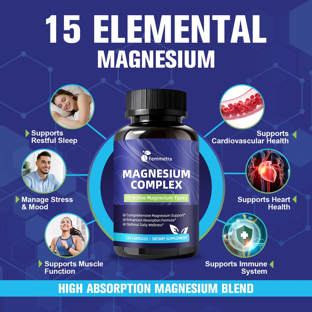 Pouring capsules from a bottle of Femmetra Magnesium Complex.