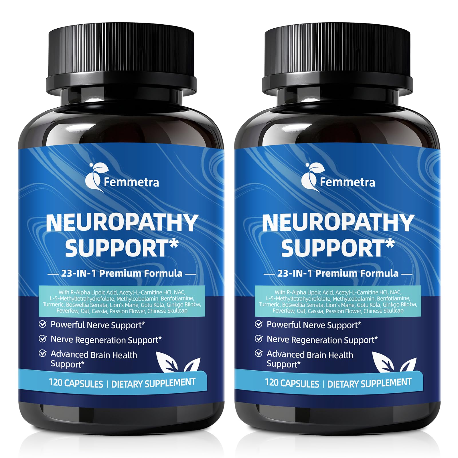 Femmetra nerve-support bottle with capsules promoting nerve health