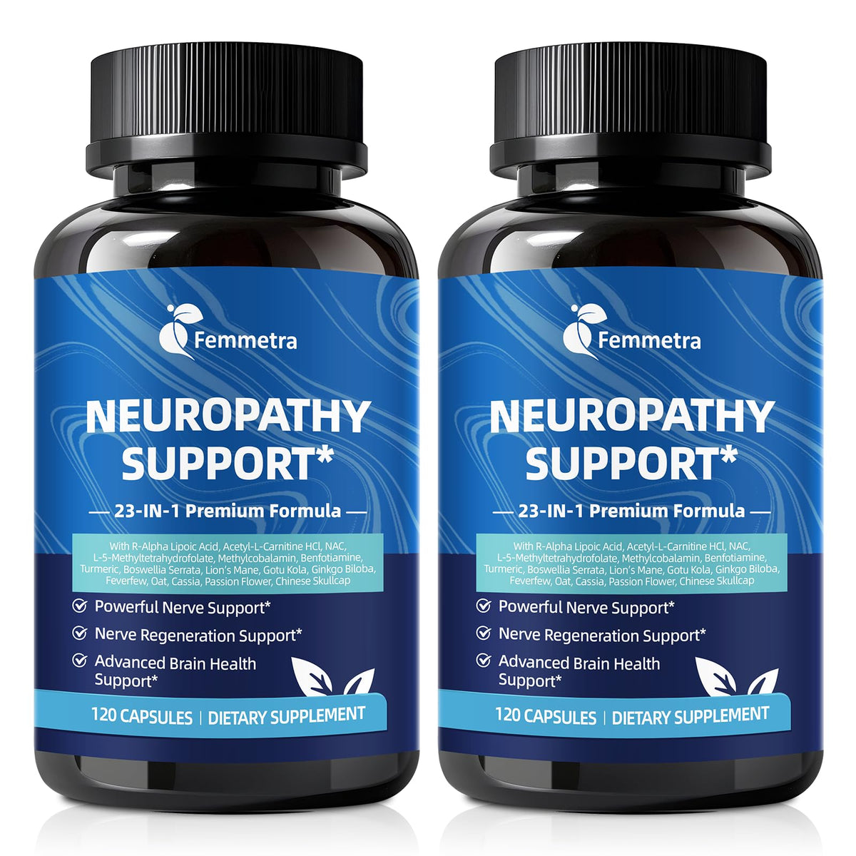 Femmetra nerve-support bottle with capsules promoting nerve health