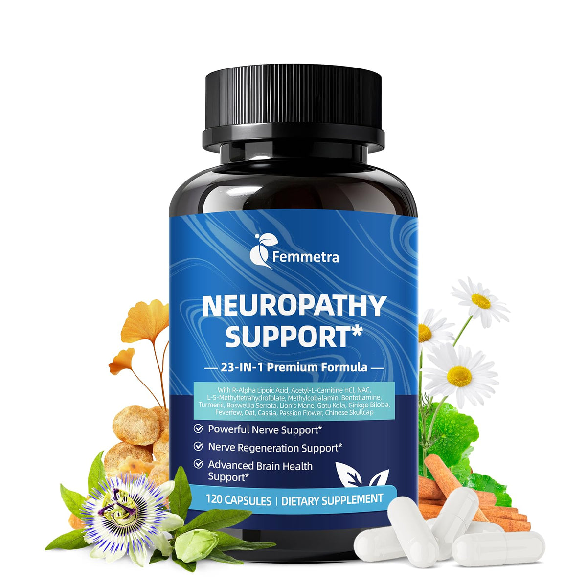 This Femmetra nerve-support bottle supports a daily nerve health routine.