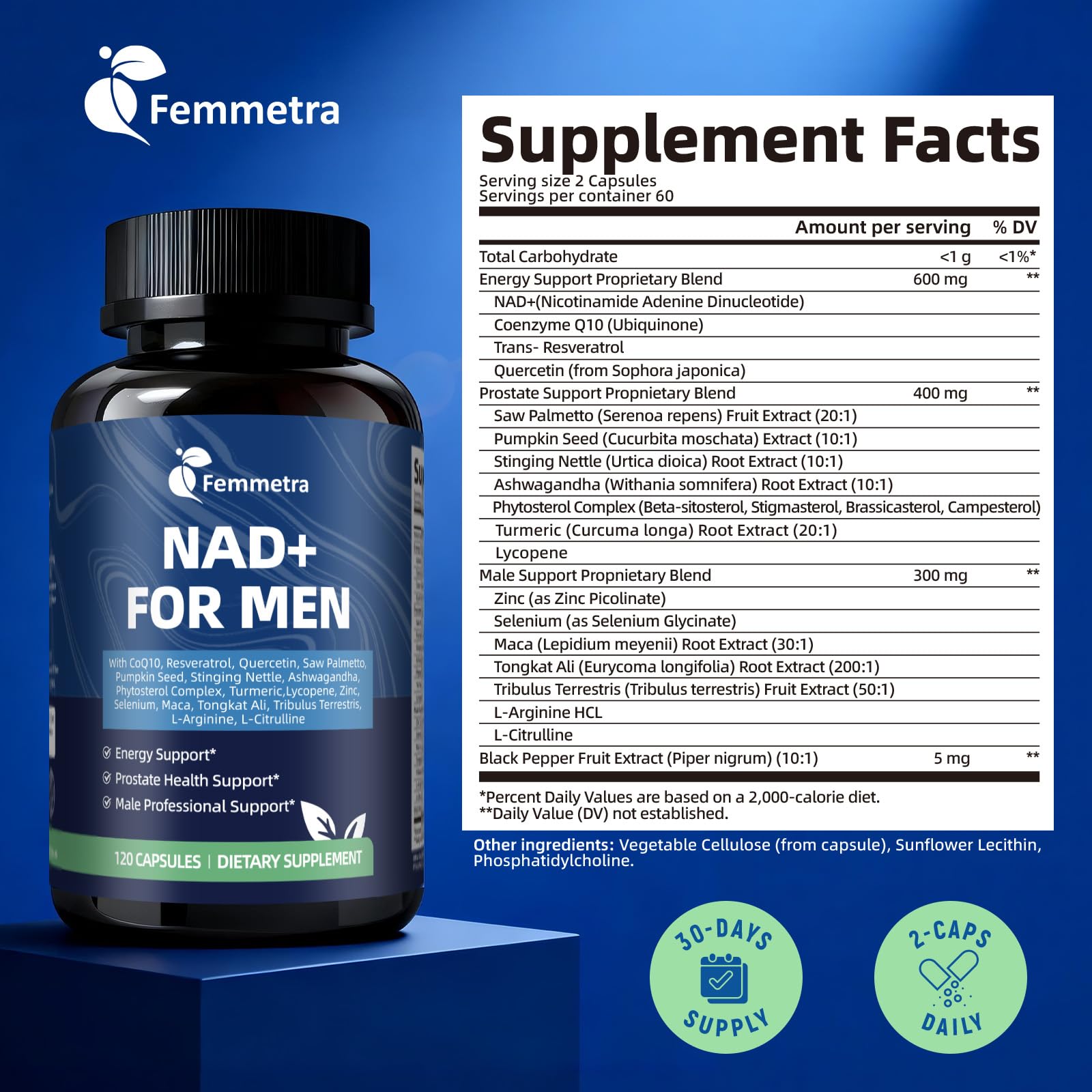 Femmetra non-GMO label highlights clean, high-quality ingredients.