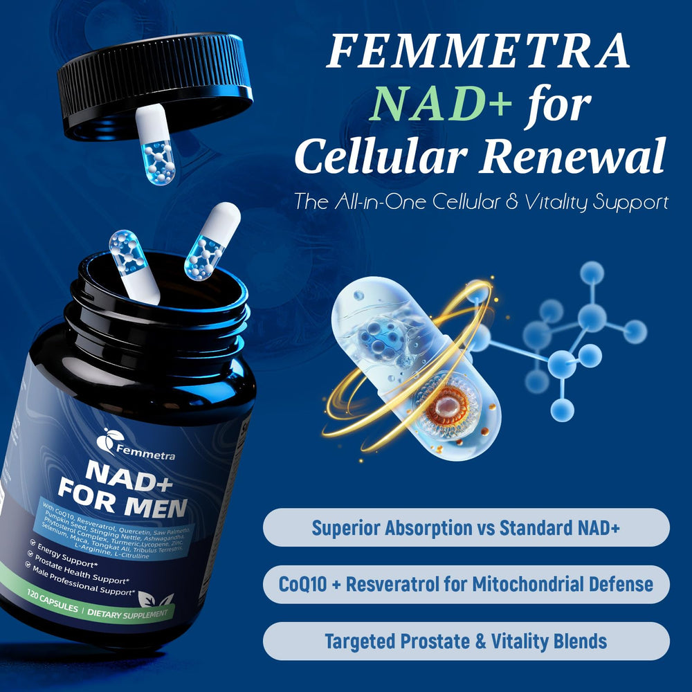 Femmetra prostate-support capsules illustrate targeted urinary wellness.