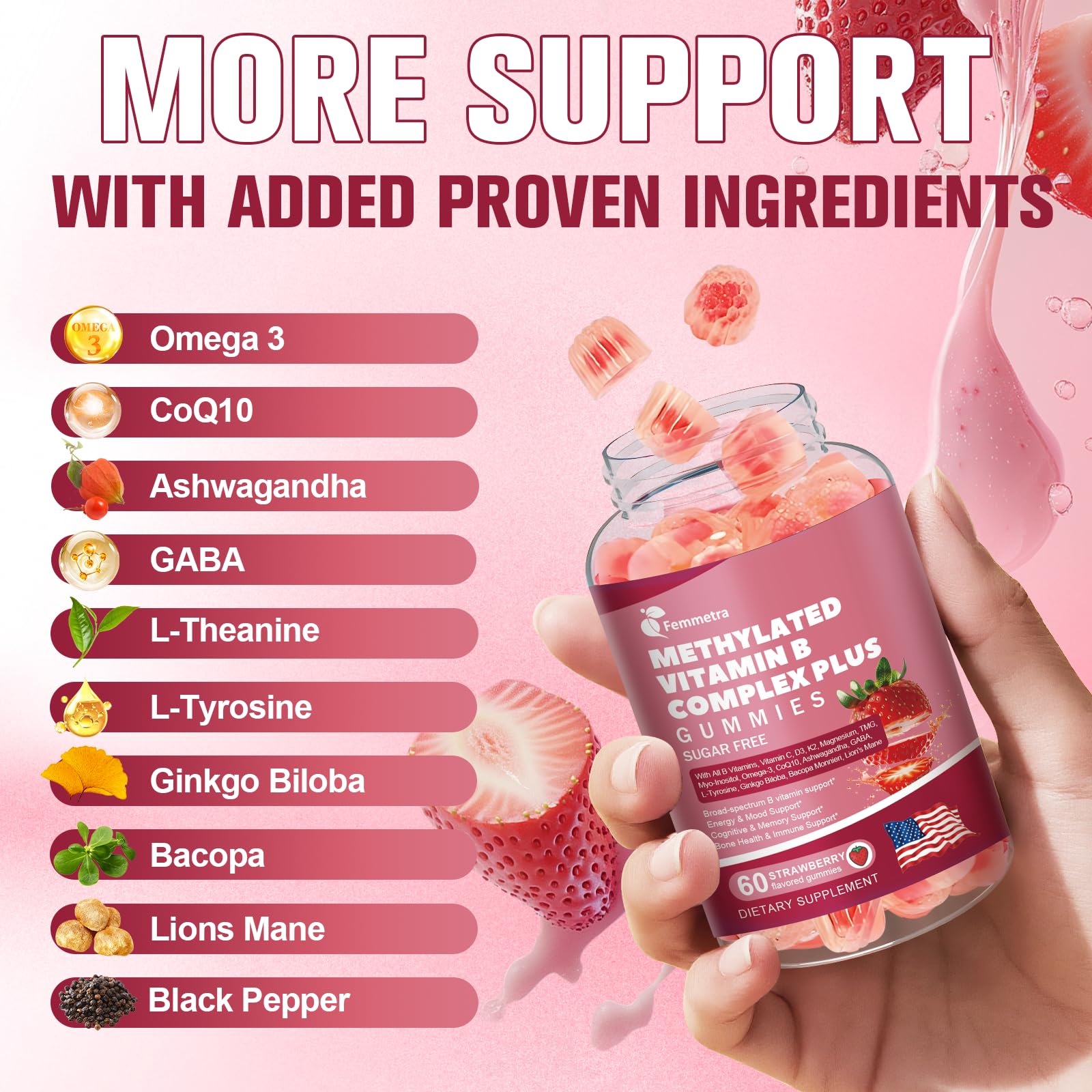 Open bottle with gummies demonstrates convenient two-gummy daily serving option.