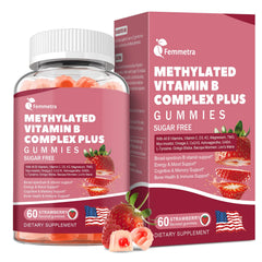 Femmetra Ultra Methylated B Complex bottle highlights sugar-free, strawberry-flavored gummies for daily wellness.