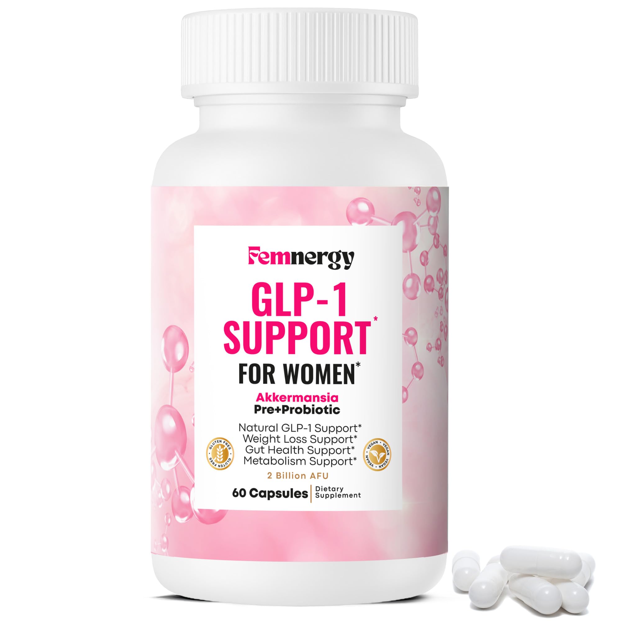Femnergy GLP-1 Support for Women bottle close-up showing daily appetite balance support