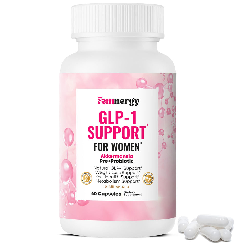 Femnergy GLP-1 Support for Women bottle close-up showing daily appetite balance support