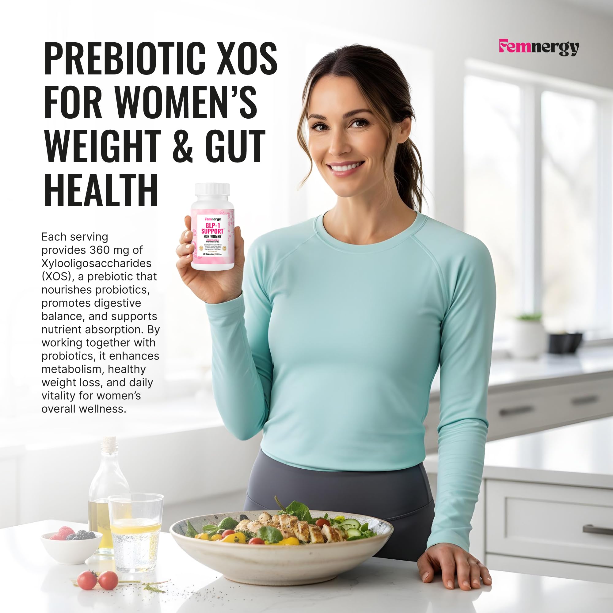 Femnergy GLP-1 Support bottle with bright lighting suggesting daily energy and vitality