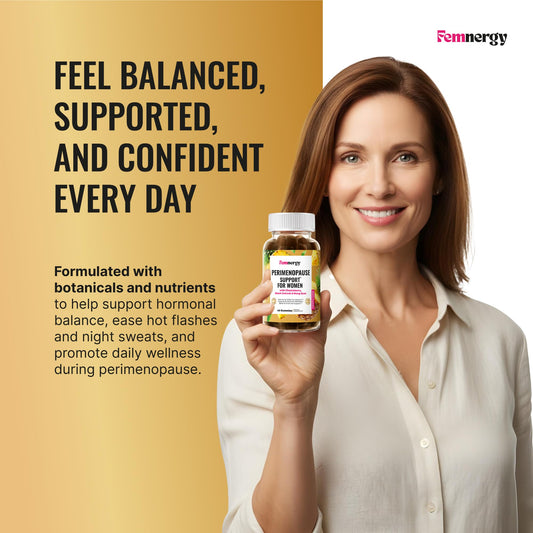 Bottle of Femnergy Perimenopause Gummies on table for convenient daily use.