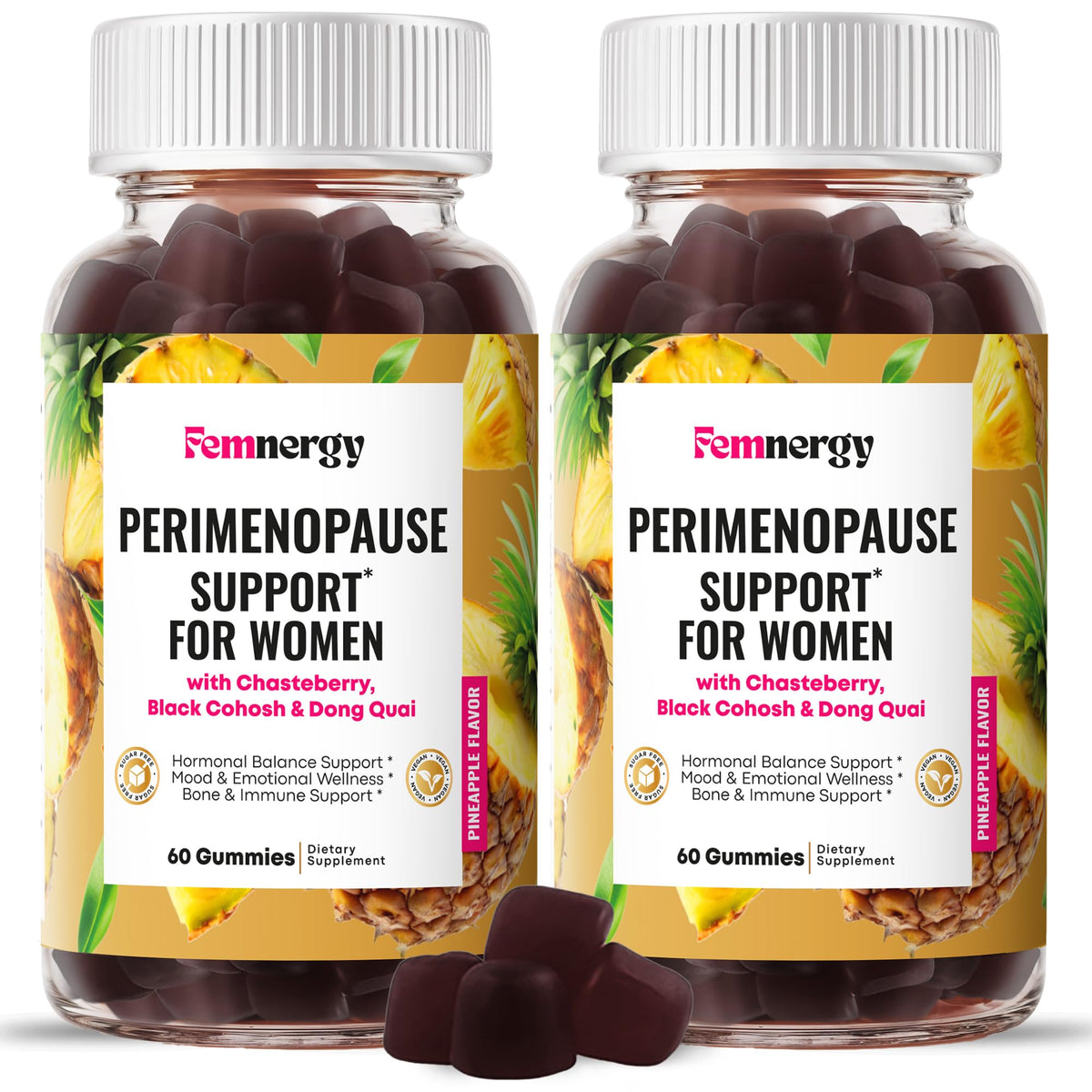 Femnergy Perimenopause Gummies in pineapple flavor for daily balance.