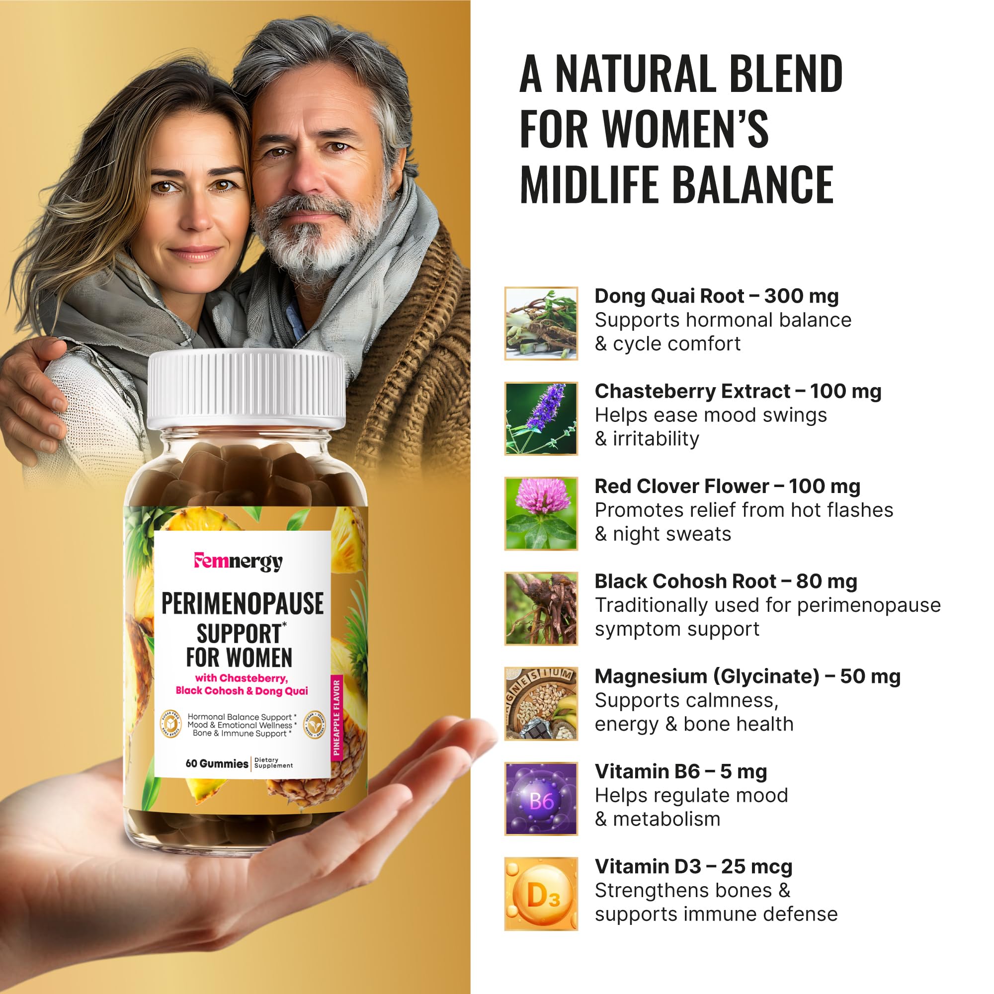 Femnergy Gummies with vegan pectin base offer gentle, plant-based texture for daily use.