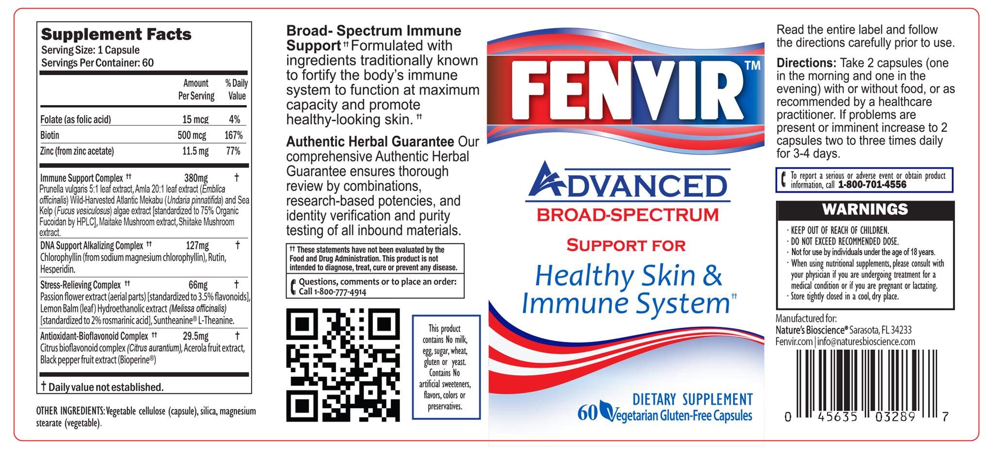 FENVIR immune-support antioxidants capsules shown as vegetarian, gluten-free option.