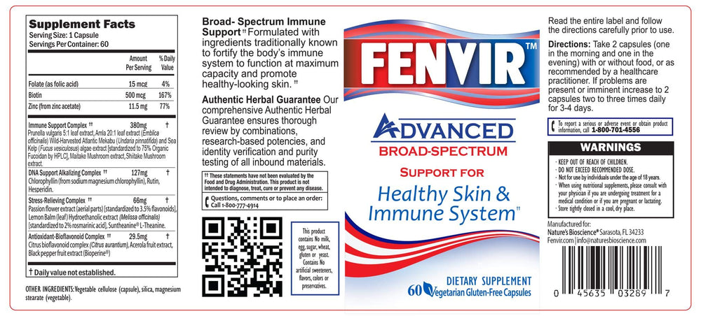 FENVIR immune-support antioxidants capsules shown as vegetarian, gluten-free option.