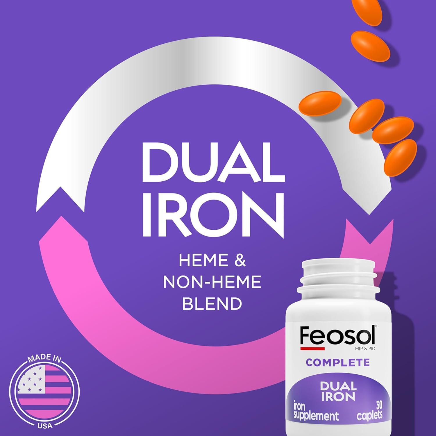 Feosol Complete caplets close-up emphasizes easy-to-swallow form for gentle digestion.
