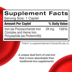 Feosol Complete iron caplets bottle close-up showing label and ingredients.