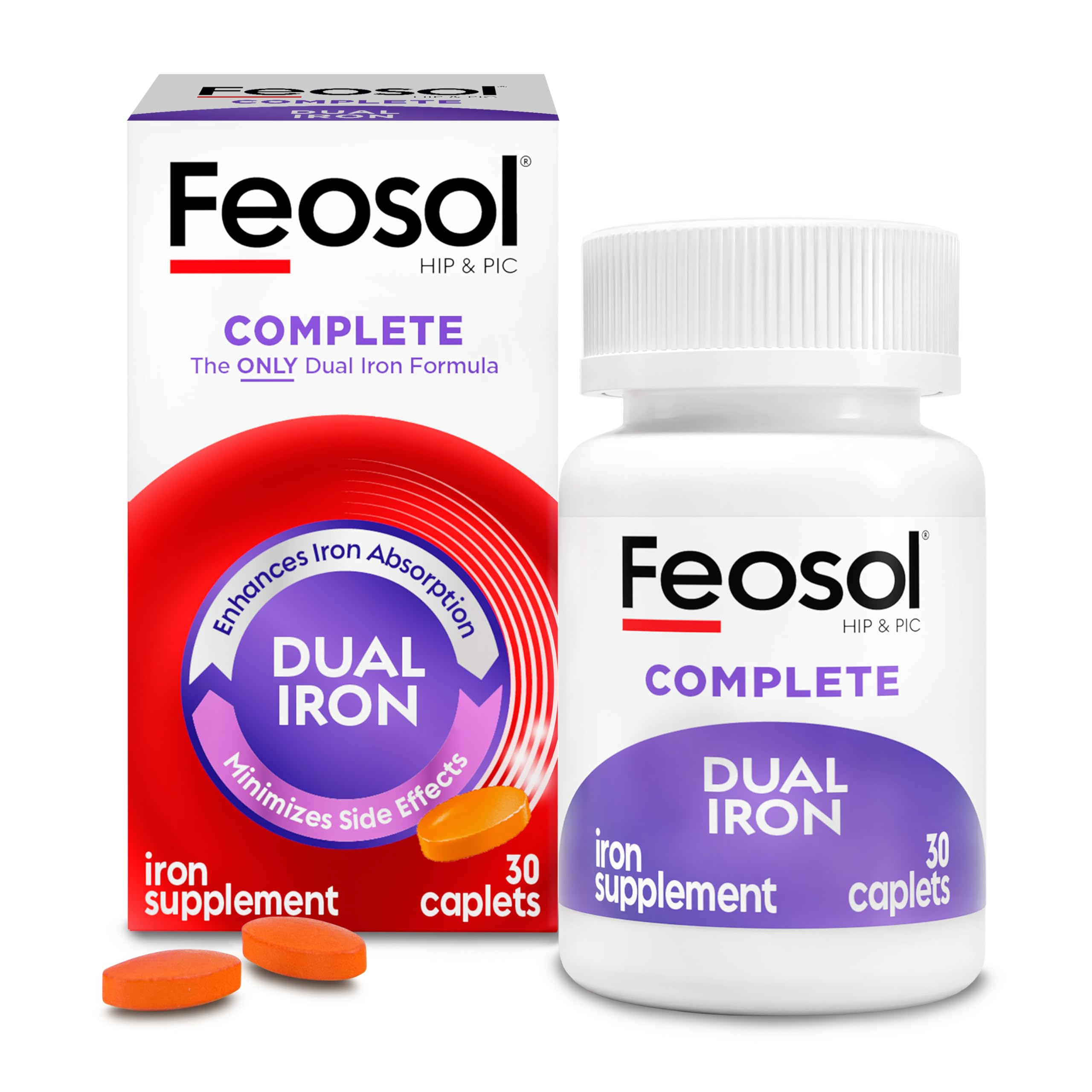 Feosol Complete iron caplets front view for daily iron support.