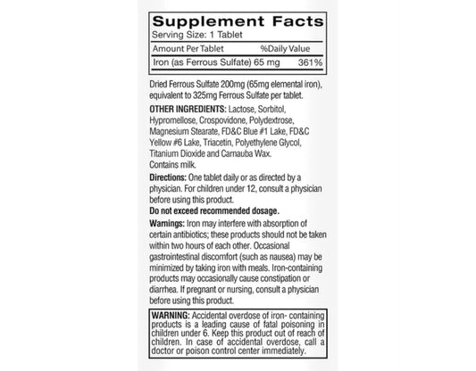 Close up of Feosol Original label showing 65 mg iron per tablet