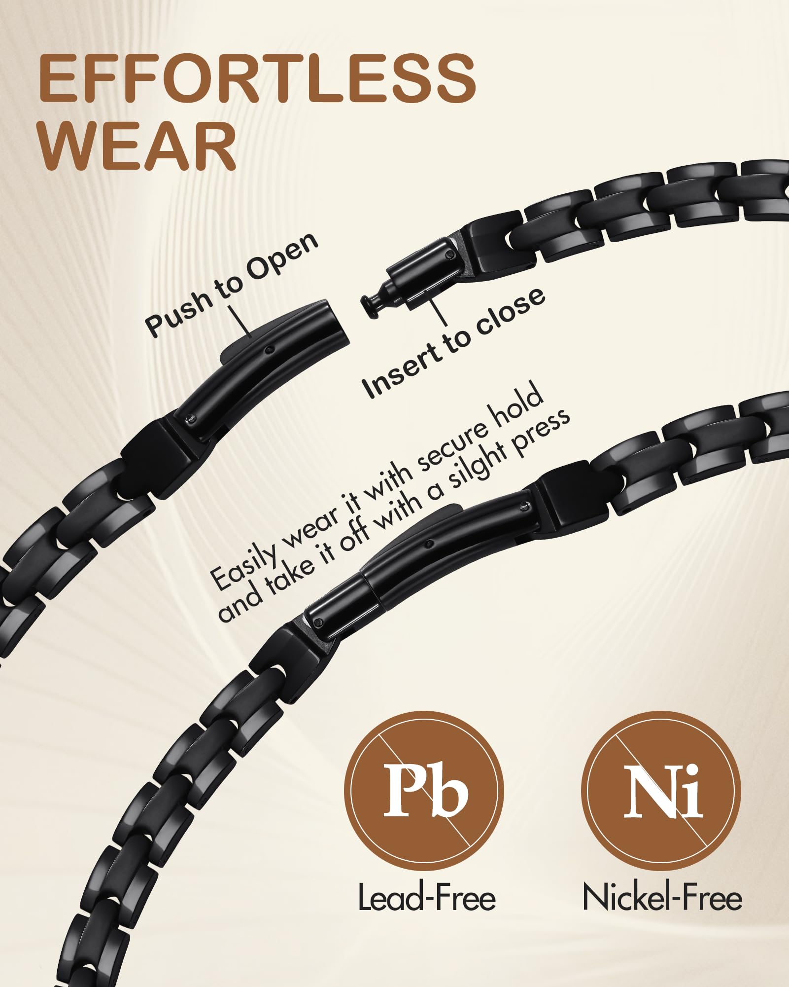 Feraco 316L stainless steel necklace highlights hypoallergenic, lead-free, nickel-free properties.