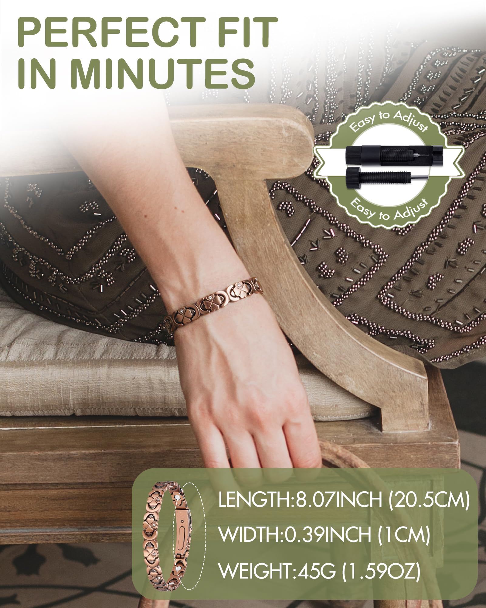 Bracelet length 8.07 inches with adjustable fit for wrists.