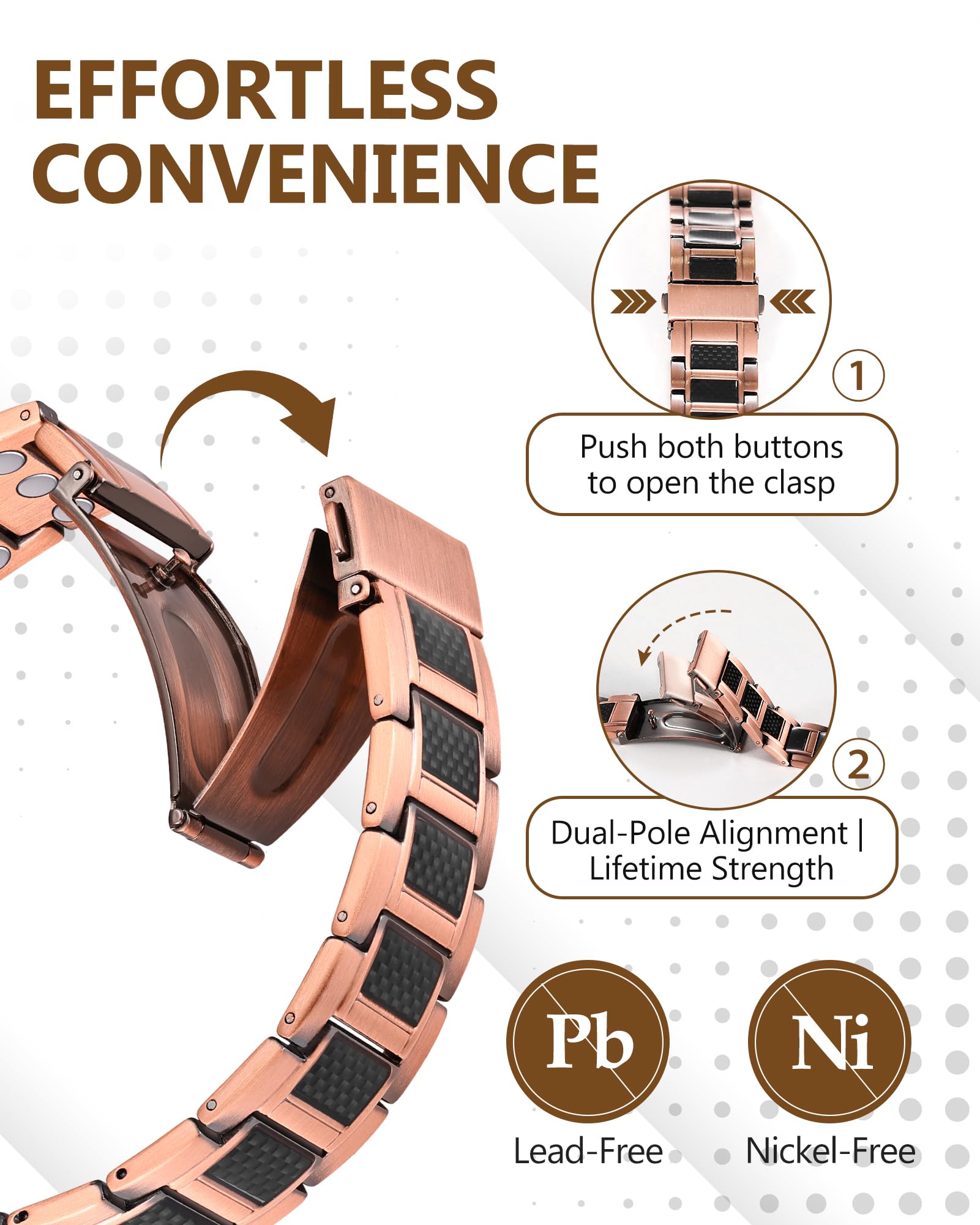 Adjustable Feraco bracelet with sizing tool for a perfect wrist fit.