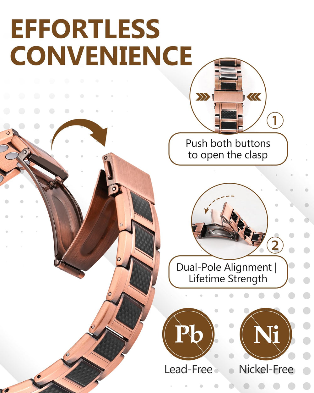 Adjustable Feraco bracelet with sizing tool for a perfect wrist fit.