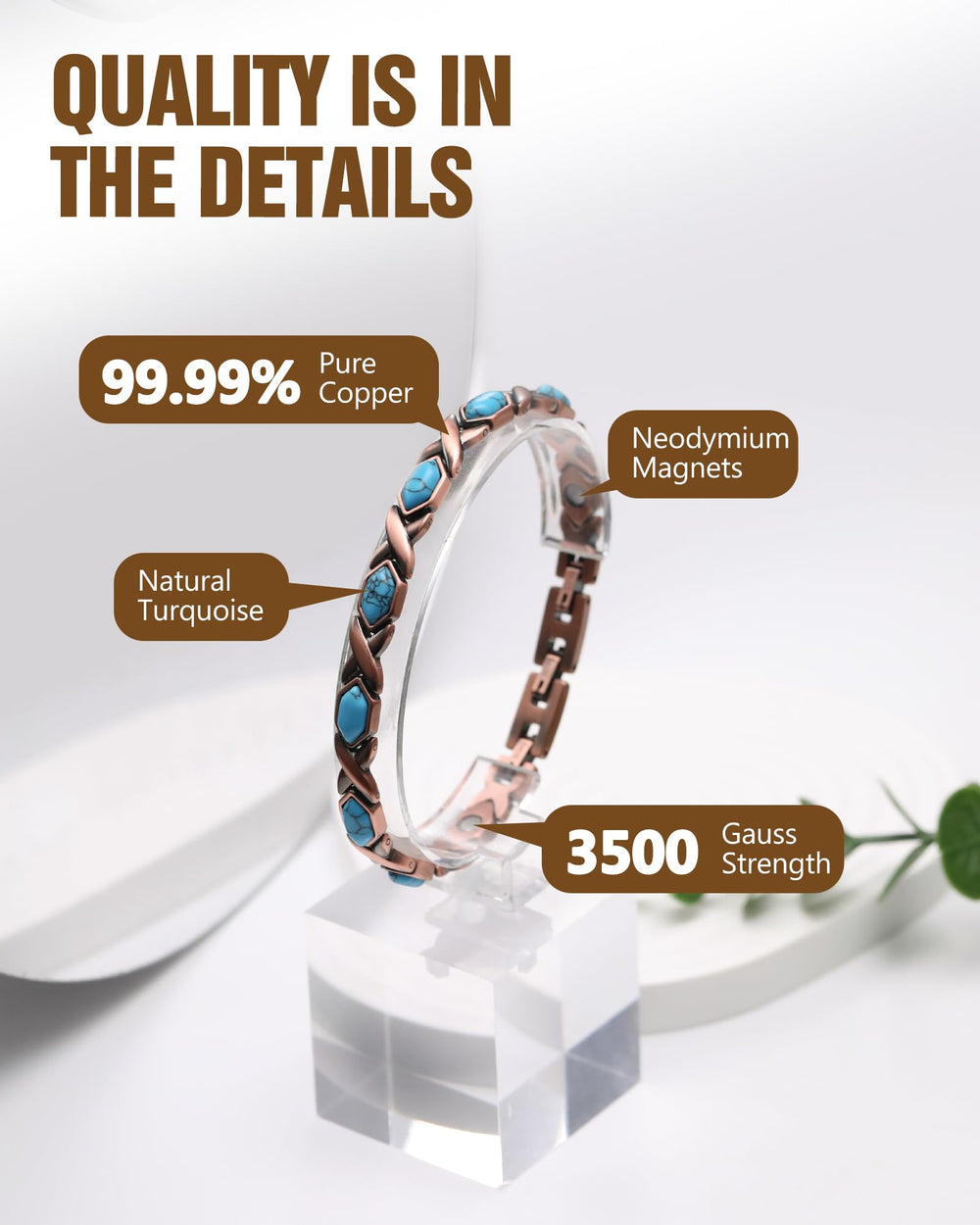 Feraco adjustable copper bracelet with sizing tool ensures perfect fit.