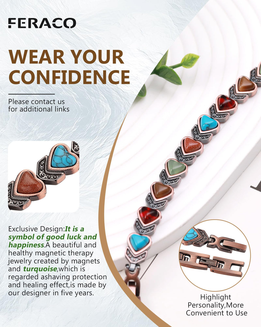 Feraco adjustable copper bracelet with sizing tool for perfect fit