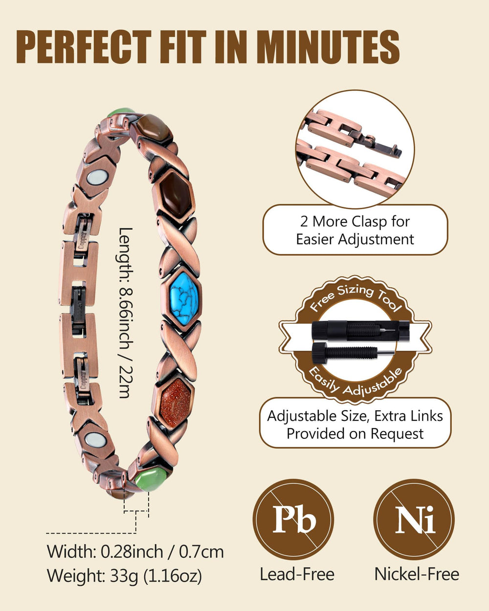 Feraco adjustable copper bracelet with three clasps for a precise fit.