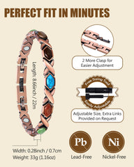Feraco adjustable copper bracelet with three clasps for a precise fit.