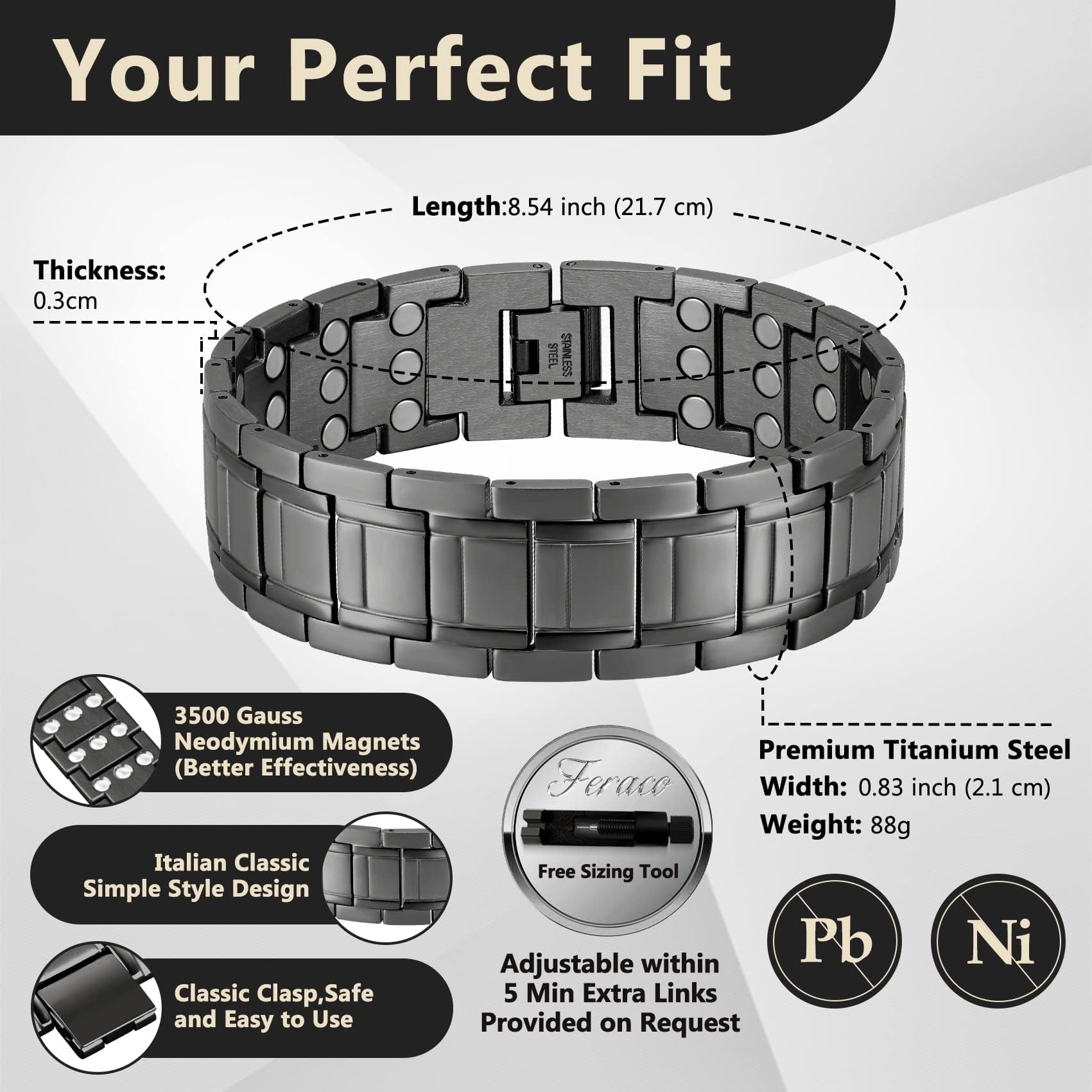 Feraco adjustable sizing tool demonstrates easy fit.