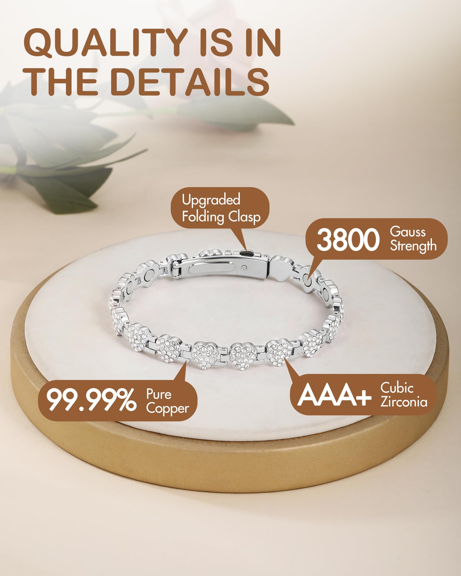 Feraco bracelet highlighting 3800 gauss magnets for strong magnetic performance