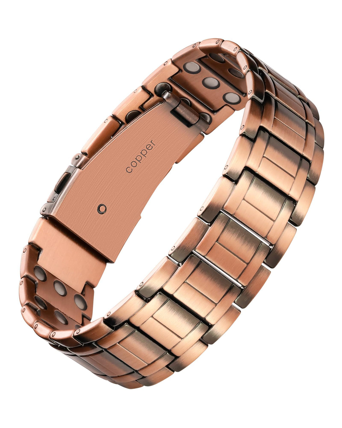 Feraco copper bracelet close-up showing 3800 gauss magnets embedded in solid copper