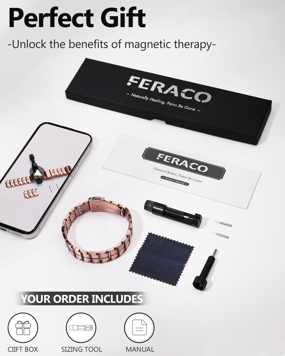 Feraco copper bracelet gift box ready to present as a premium gift.