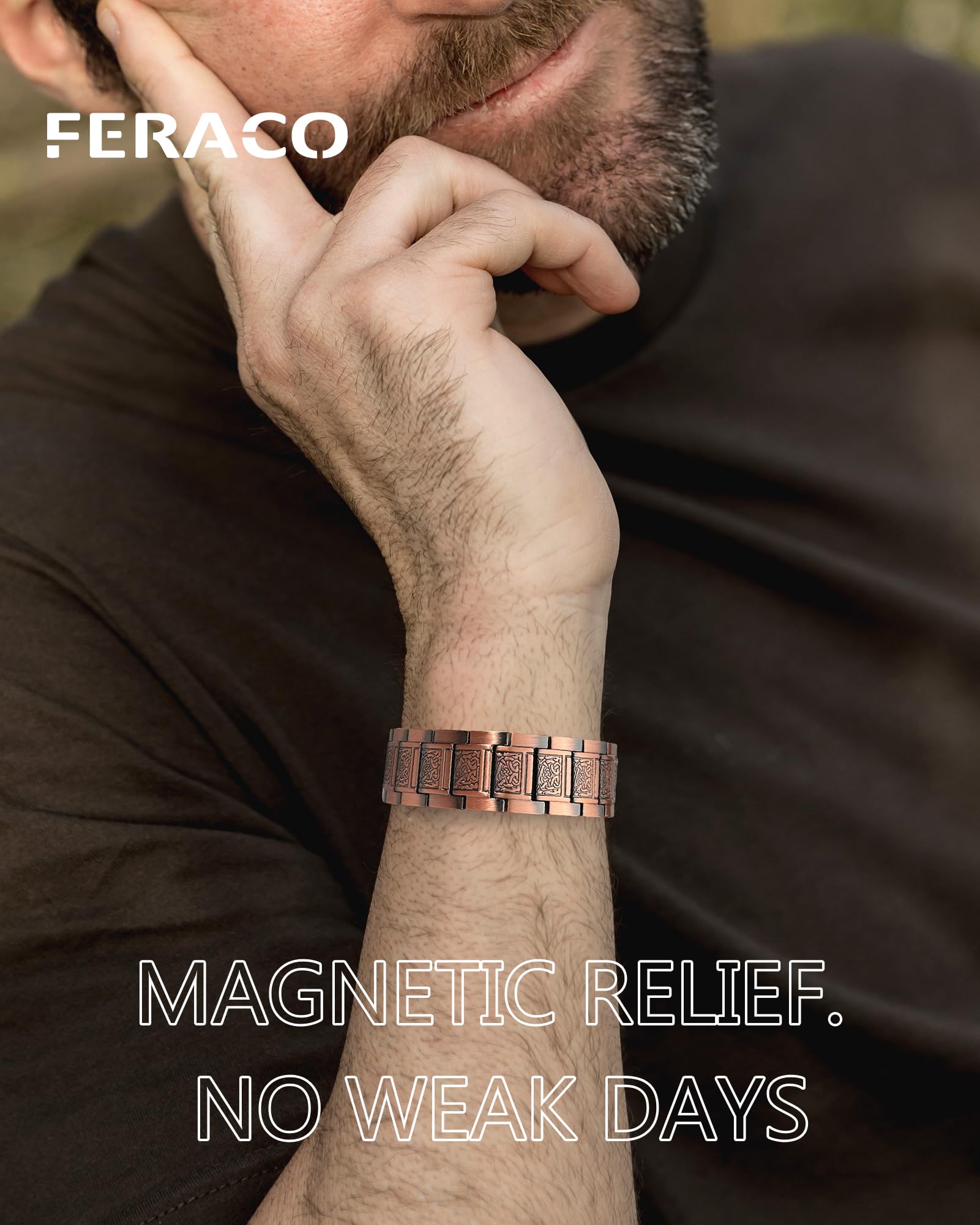 Feraco copper bracelet lightweight 121g: comfortable wear during long days.