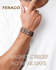 Feraco bracelet close-up showing magnet cores and 57 magnets for balanced energy