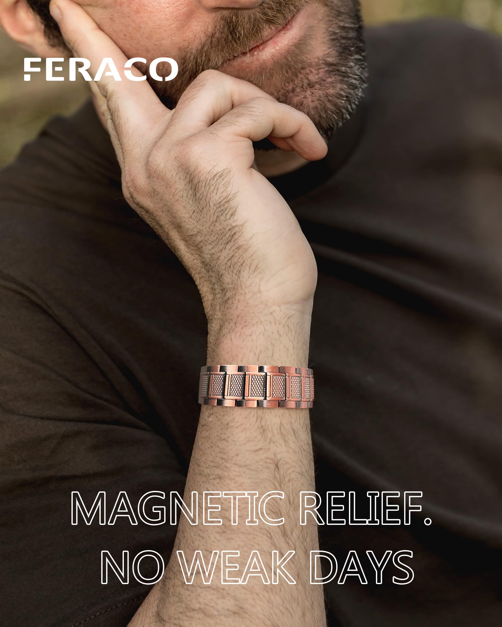 Feraco copper bracelet magnets closeup shows 57 neodymium magnets for magnetic design.