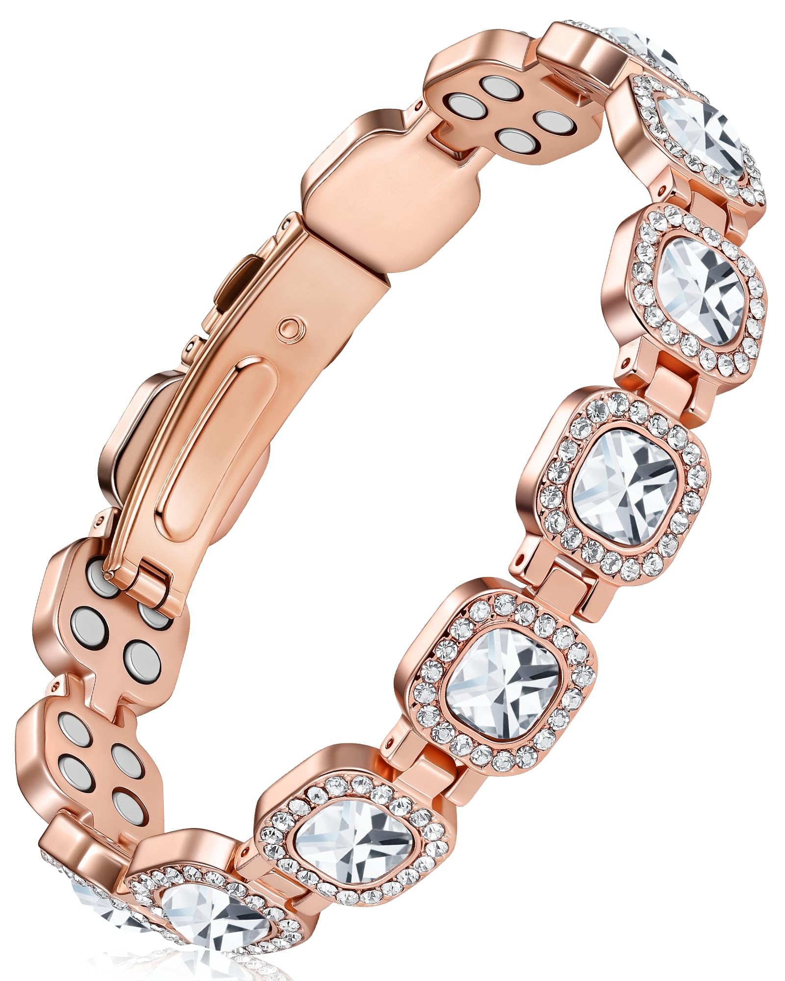 Feraco copper bracelet in rose gold with Austrian crystals catching light.