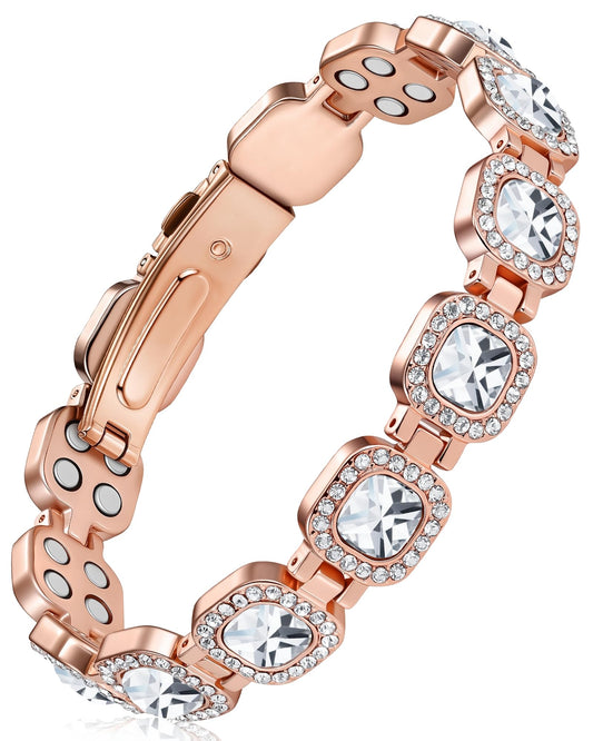 Feraco copper bracelet in rose gold with Austrian crystals catching light.