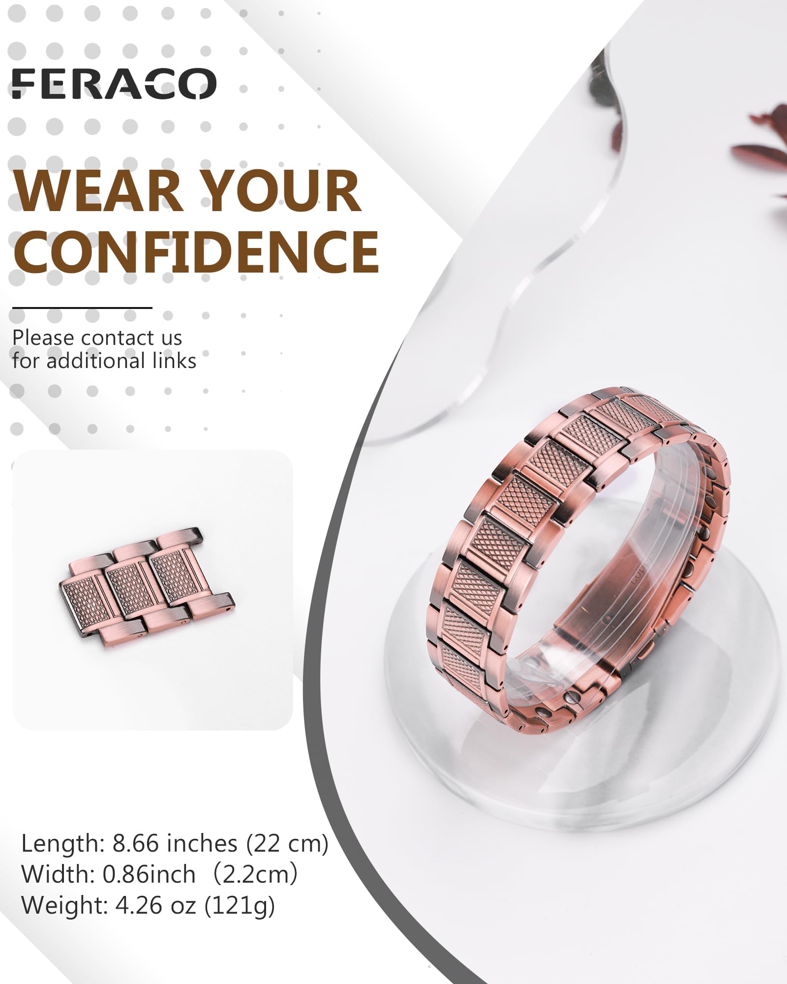 Feraco copper bracelet wrist shot demonstrates secure, comfortable wear.