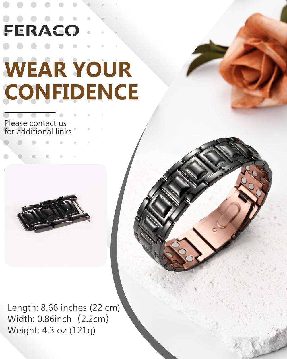 Feraco copper bracelet worn on wrist showing black copper finish.